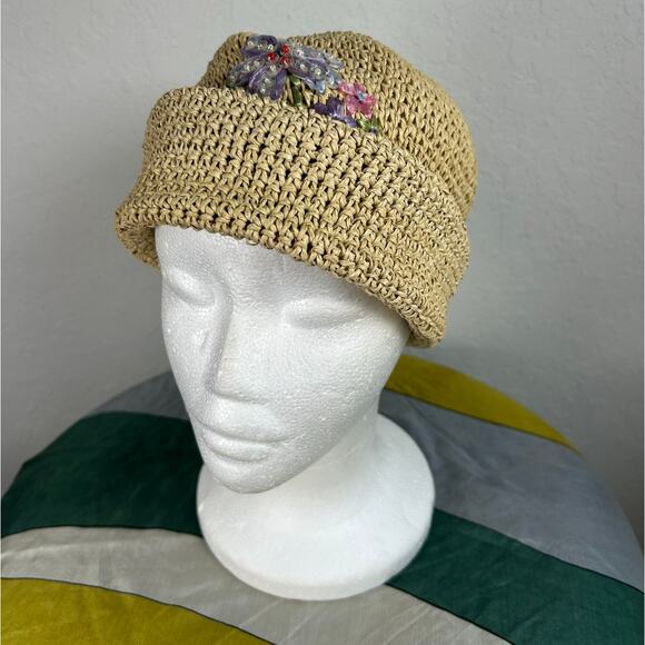 Vintage 90s- Woven Paper Hat- Flower Sequin Detail- Sz 7-14 preppy - Picture 1 of 5